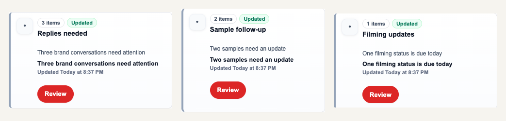 Actual CampaignBoss Daily Plan cards for Replies needed, Sample follow-up, and Filming updates.