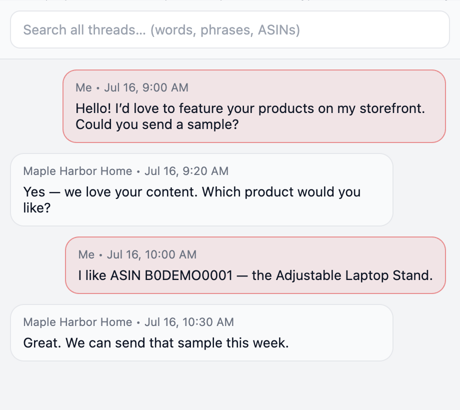 Actual CampaignBoss conversation for synthetic seller Maple Harbor Home, including a sample request and Adjustable Laptop Stand selection.