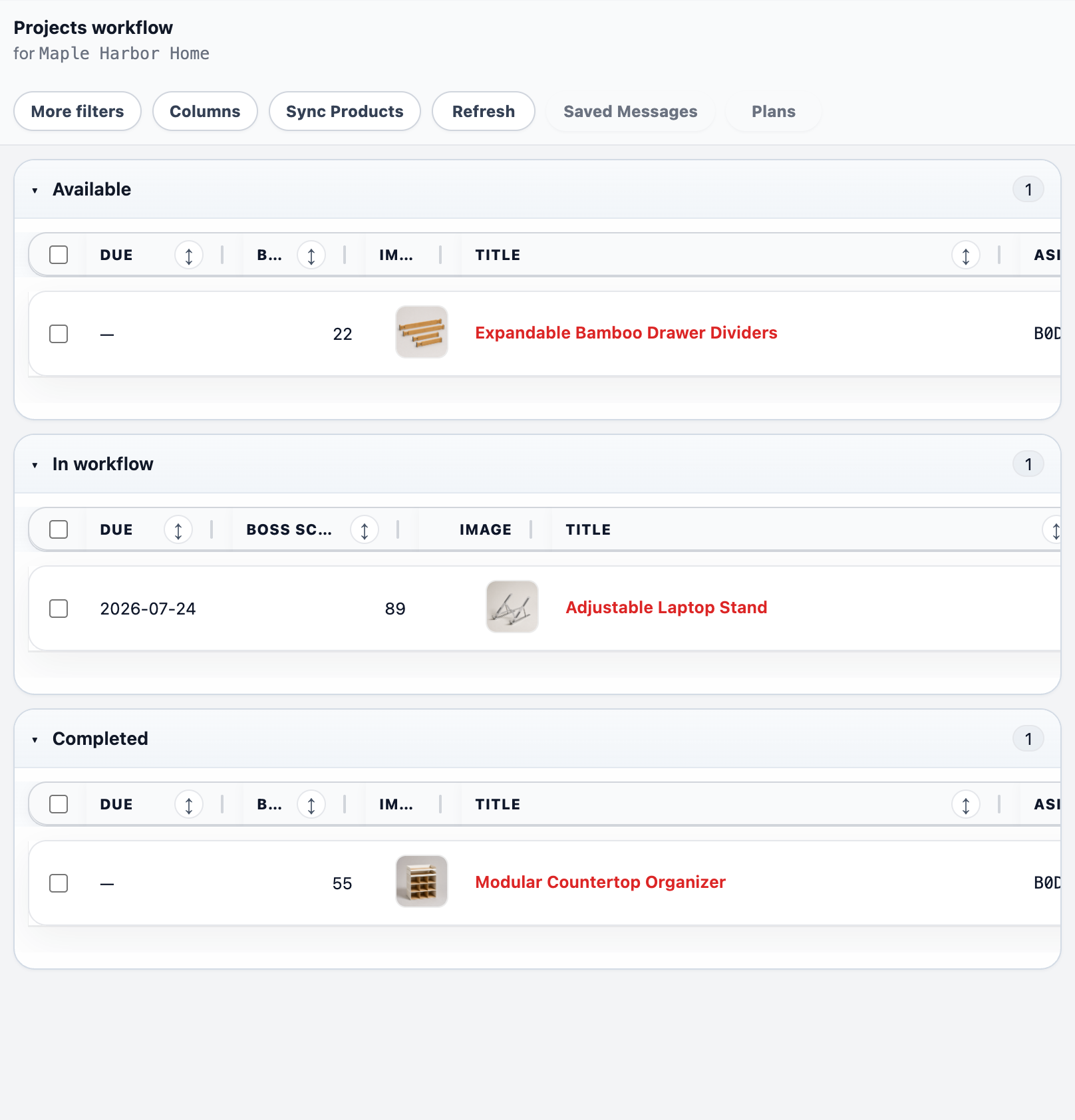 Actual CampaignBoss Project context showing synthetic available, in-workflow, and completed products.