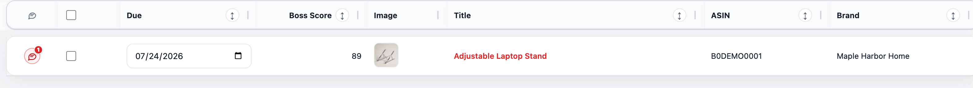 Actual CampaignBoss Project row for synthetic Adjustable Laptop Stand, seller Maple Harbor Home, ASIN B0DEMO0001, with active state and July 24, 2026 due date.